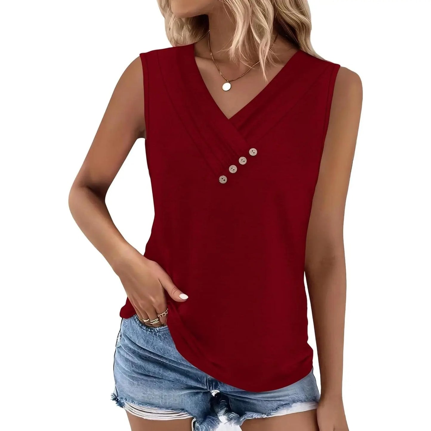 Women's V-Neck Sleeveless Button Tank Top