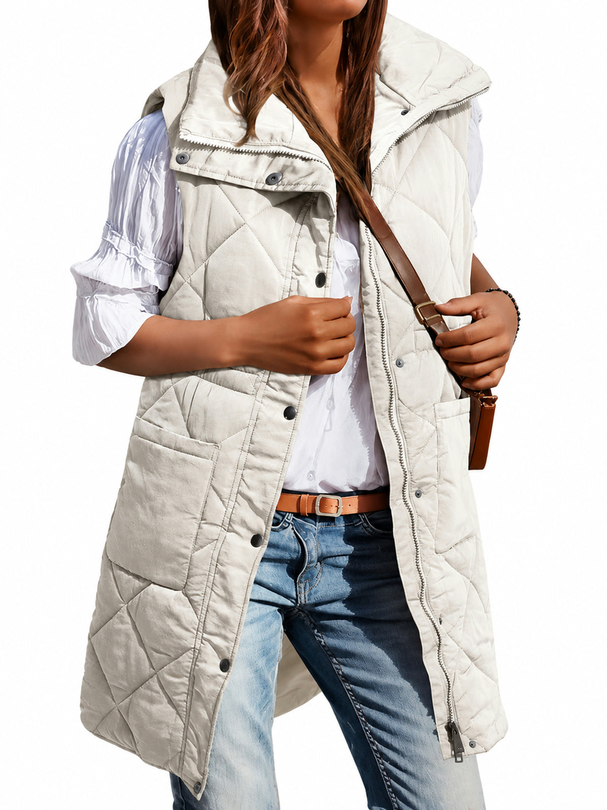 Long Stand Collar Puffer Vest With Subtle Cinched Waist And Pockets