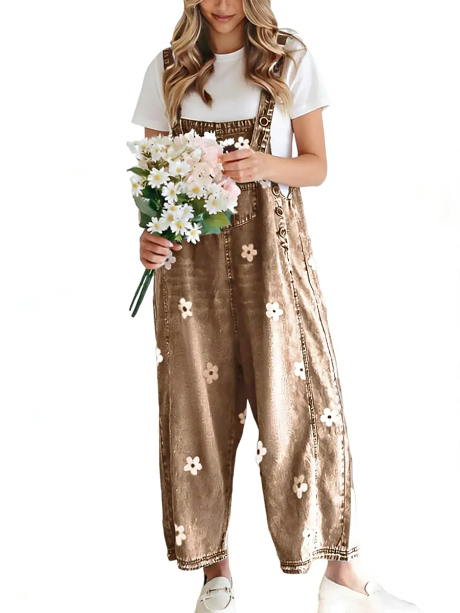 Vintage Floral Jacquard Bib Overalls With Adjustable Straps Wide Leg Denim Jumpsuit