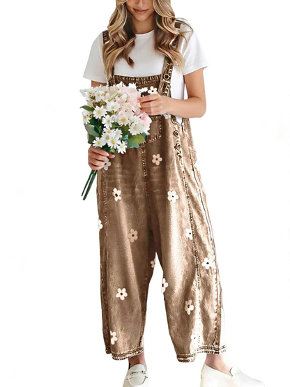 Vintage Floral Jacquard Bib Overalls With Adjustable Straps Wide Leg Denim Jumpsuit
