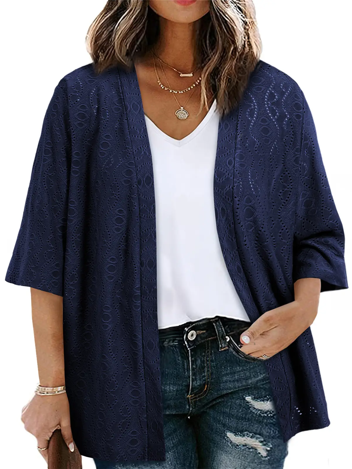 Women Jacquard Hollow Half Sleeve Open Front Cardigan Daily Layering Outer Tops