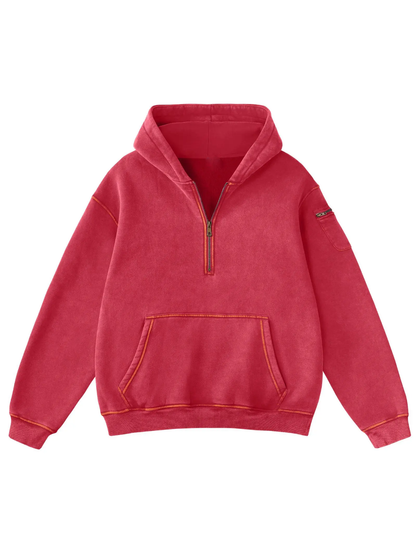 Half Zip Vintage Wash Oversized Hoodie With Dual Storage Pockets