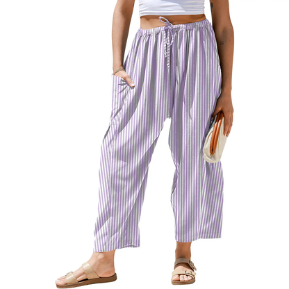 Drawstring Striped Wide Leg Pants With Side Pockets