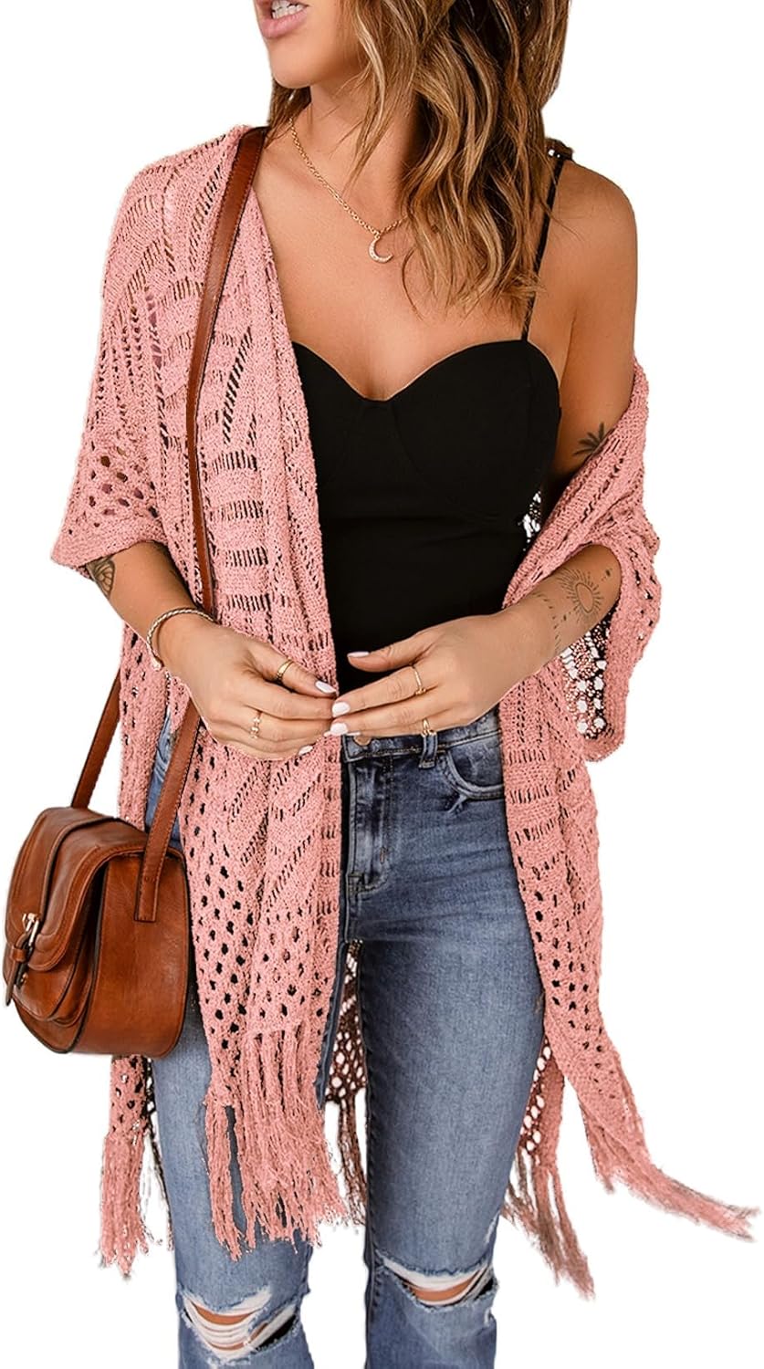 Hollow Crochet Tassel Fringe Open Front Cardigan Cover Up