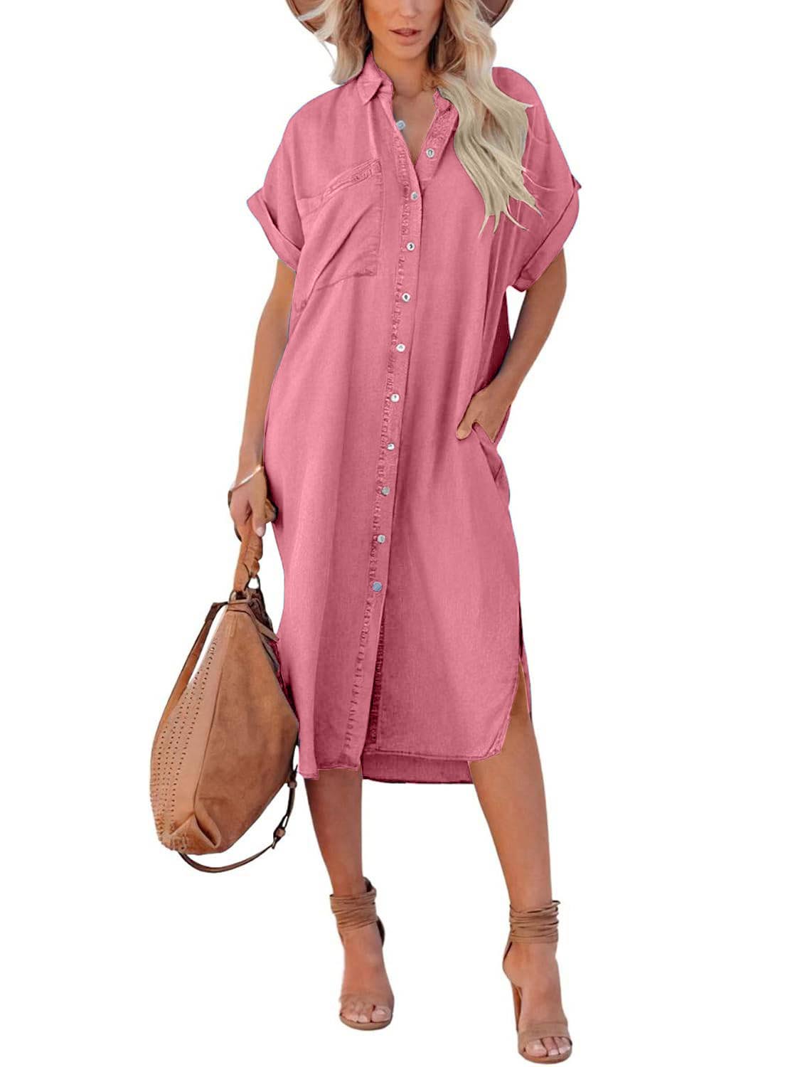 Women's Summer Loose Denim Shirt Dress with Pocket
