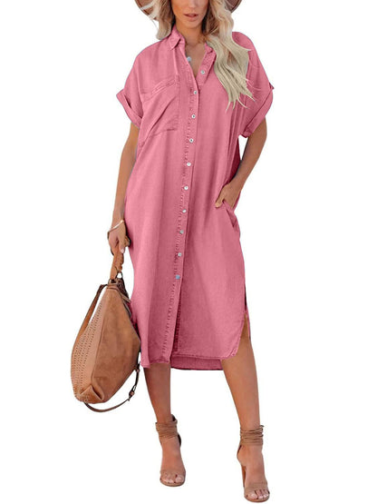 Women's Summer Loose Denim Shirt Dress with Pocket