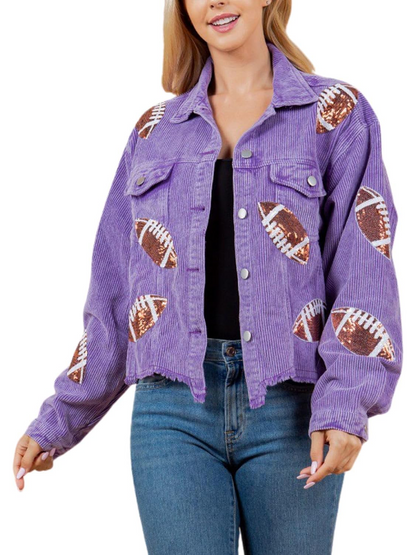 Game Day Styling Sequin Football Appliqué Cropped Jacket With Frayed Hem Lapel Coat