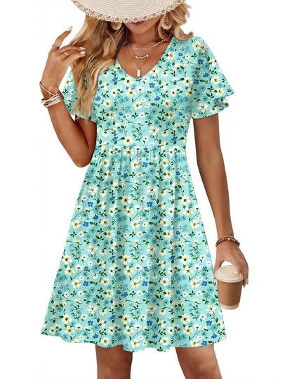 Floral V-Neck Ruffle Sleeve A Line Midi Dress With Pockets Summer Casual Sundress