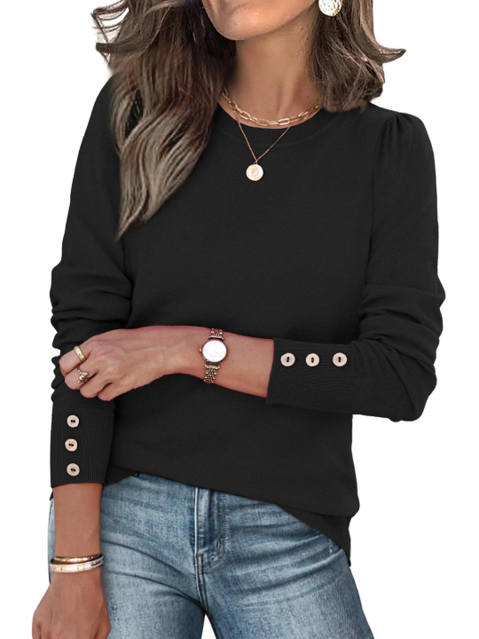 Chic Versatile Long‑Sleeve Pullover ✨ Elegant Button Cuff Detail For Dressy‑Casual Looks