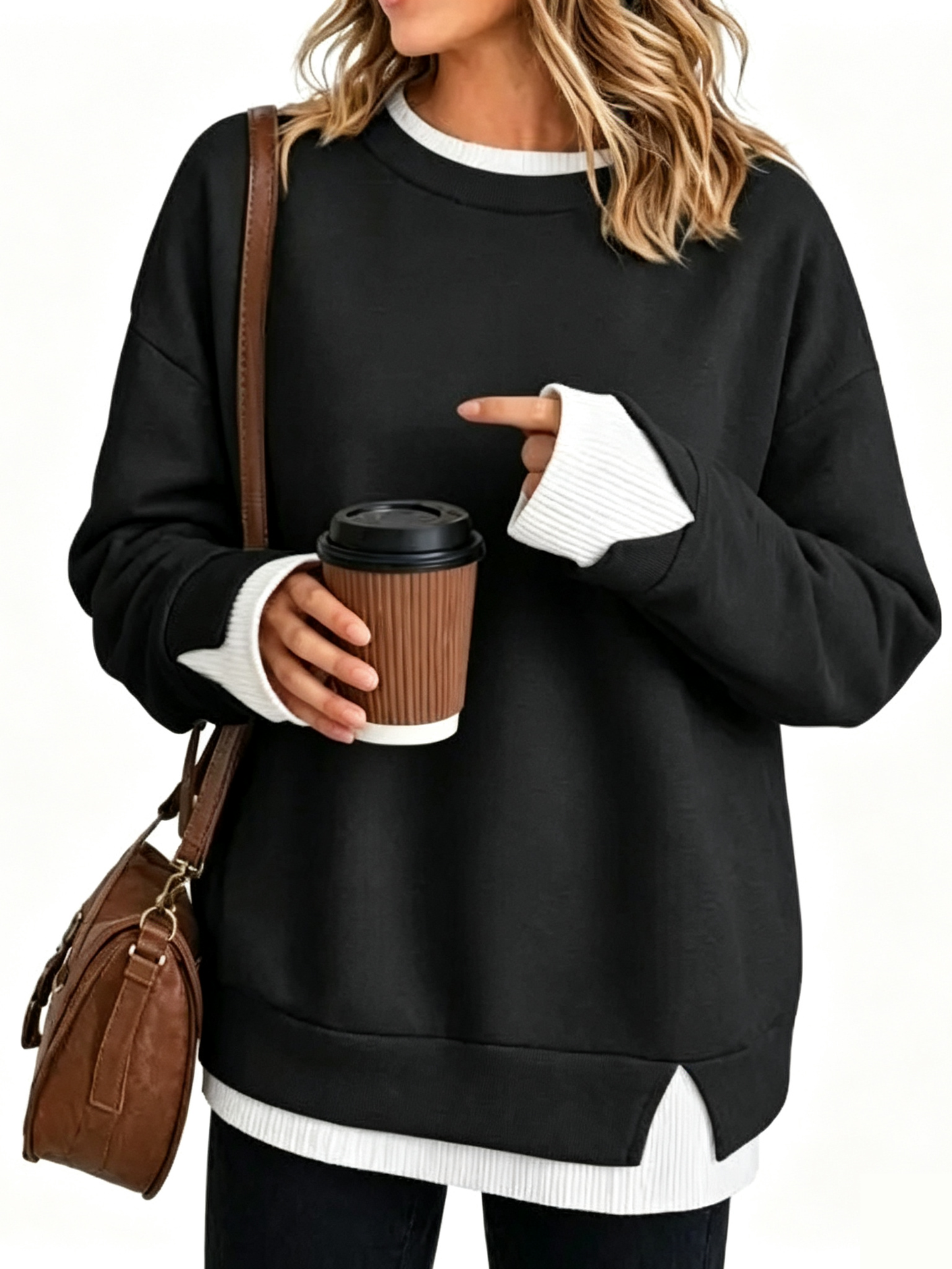 Fake Two Piece Ribbed Patchwork Oversized Crew Neck Long Sleeve Sweatshirt