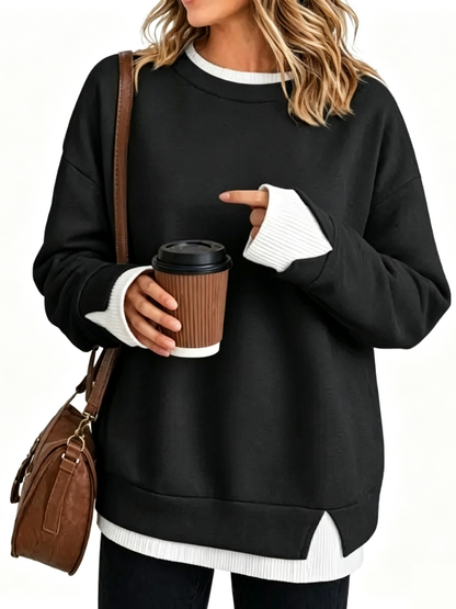 Fake Two Piece Ribbed Patchwork Oversized Crew Neck Long Sleeve Sweatshirt