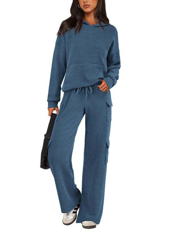 Women Hooded Top Wide Leg Cargo Pant 2 Piece