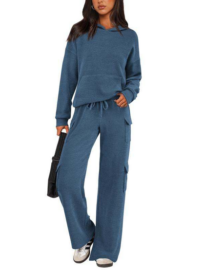 Women Hooded Top Wide Leg Cargo Pant 2 Piece