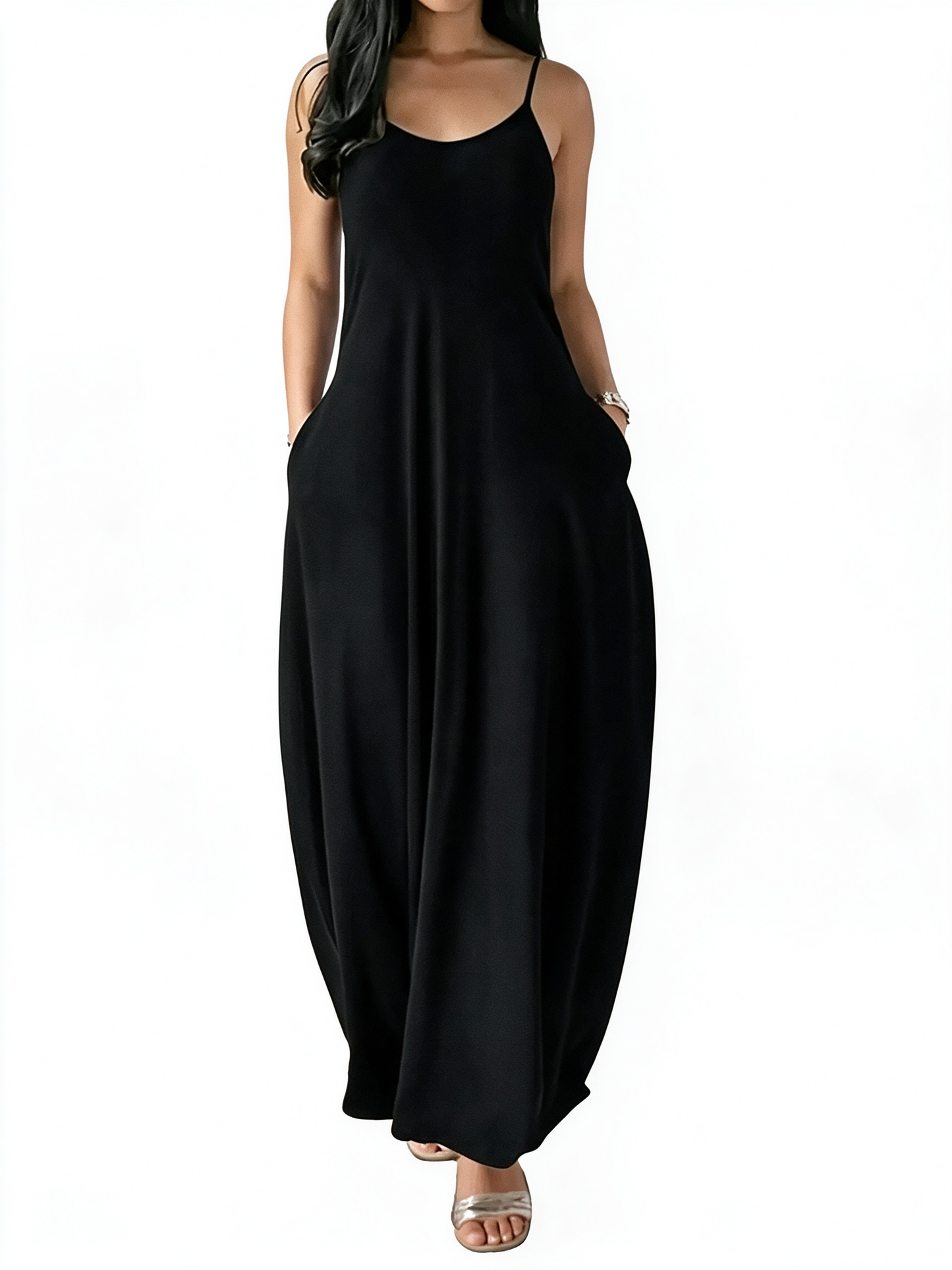 Flowy Pocket Spaghetti Strap Maxi Dress Casual Home & Outdoor Wear
