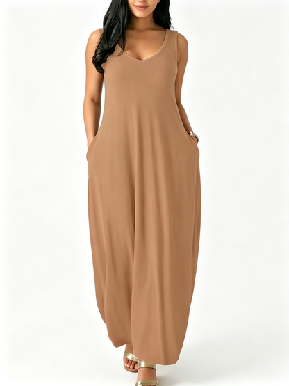 Women Sleeveless Backless Pocket Maxi Loose Casual Daily Long Dress