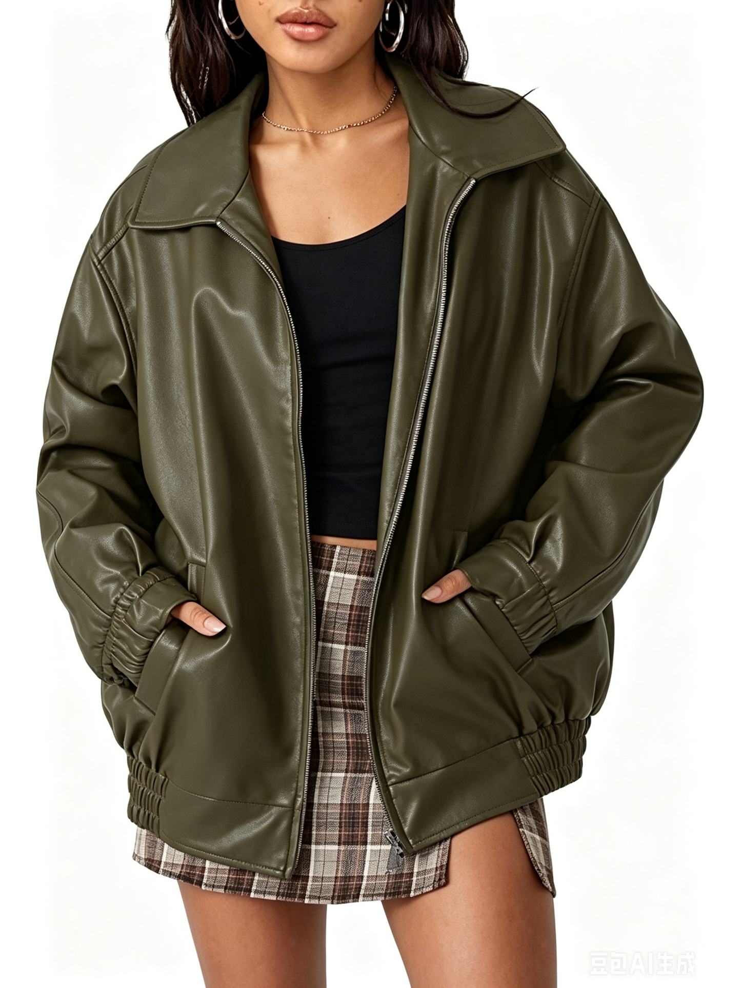 Structured Lapel Zip Moto Jacket With Side Pockets Moderately Roomy Medium Length Coat