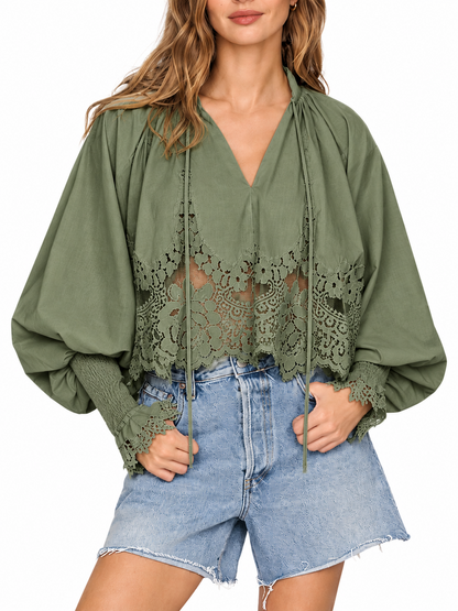 Lace Inset Puff Sleeve Tie V Neck Blouse For Women