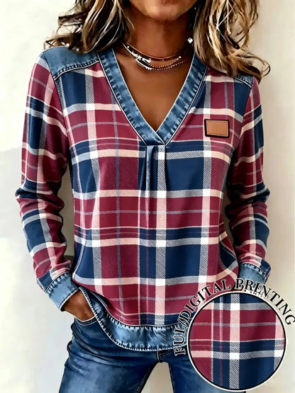 New Spring Fall Women's Fake Denim Patchwork Print V Neck Top