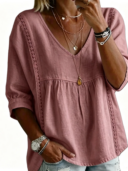 Women's V Neck Lace Trim Babydoll Blouse
