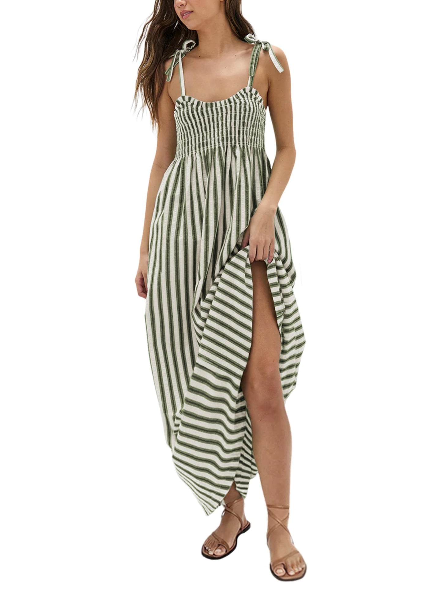 Women's Striped Smocked Flowy Maxi Dress with Pockets