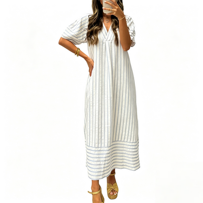 Women V Neck Puff Short Sleeve Striped High Waist Straight Midi Shift Dress
