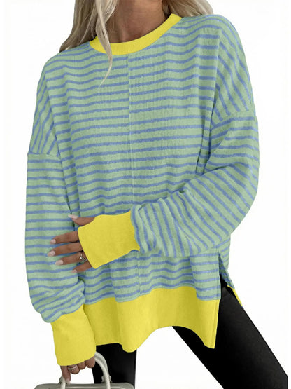 Women Crew Neck Striped Side Slit Loose Long Sleeve Pullover Sweatshirt