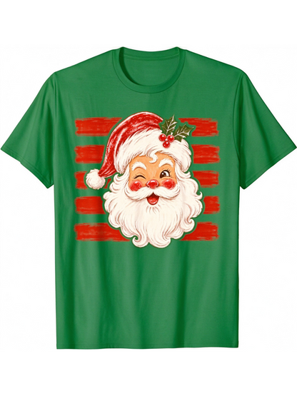 Vintage Christmas Santa Print Casual Short Sleeve Top