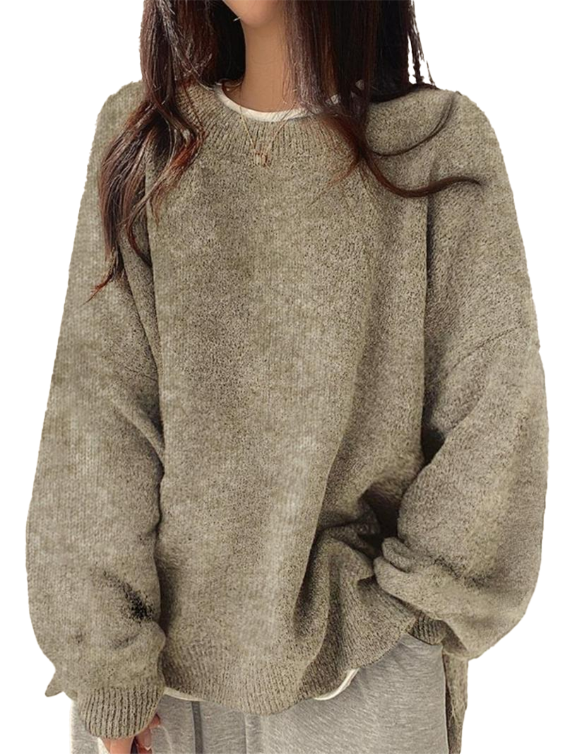 Oversized Round‑Neck Knit Sweater & Loose Split‑Hem Drop‑Shoulder Top