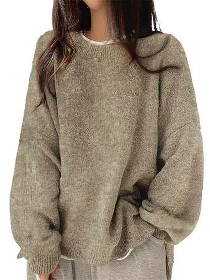 Oversized Round‑Neck Knit Sweater & Loose Split‑Hem Drop‑Shoulder Top