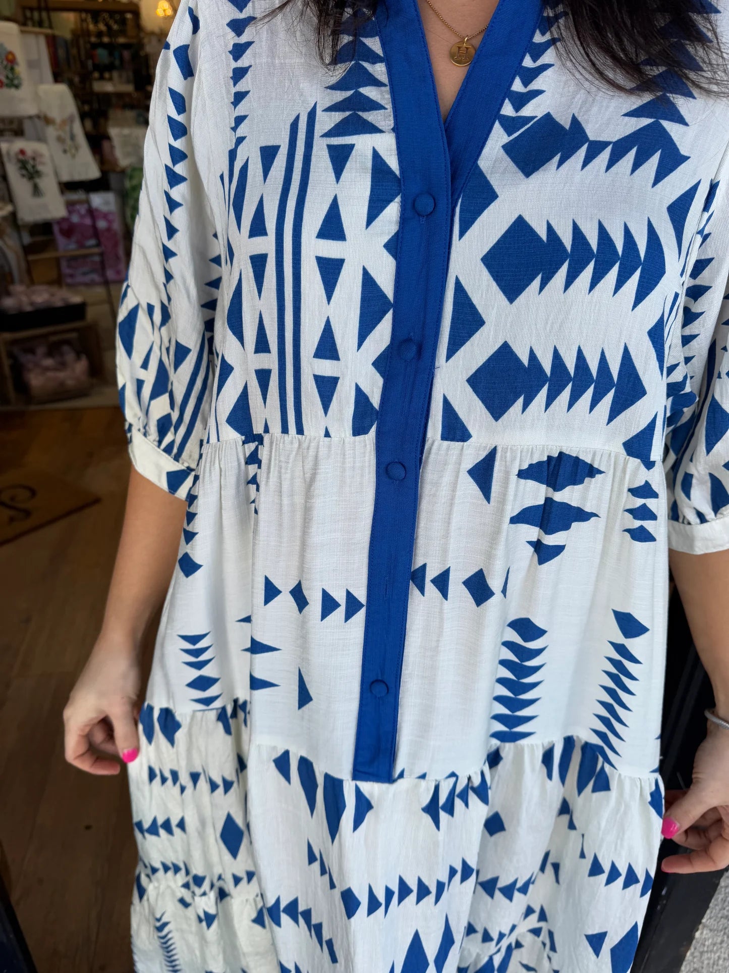 ✨Women's Button V Neck Geometric Print Dress