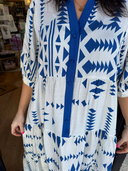 ✨Women's Button V Neck Geometric Print Dress