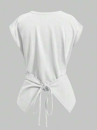 HOT SALE Women's Cap Sleeve Tie Back Cinched Waist Wrap Top