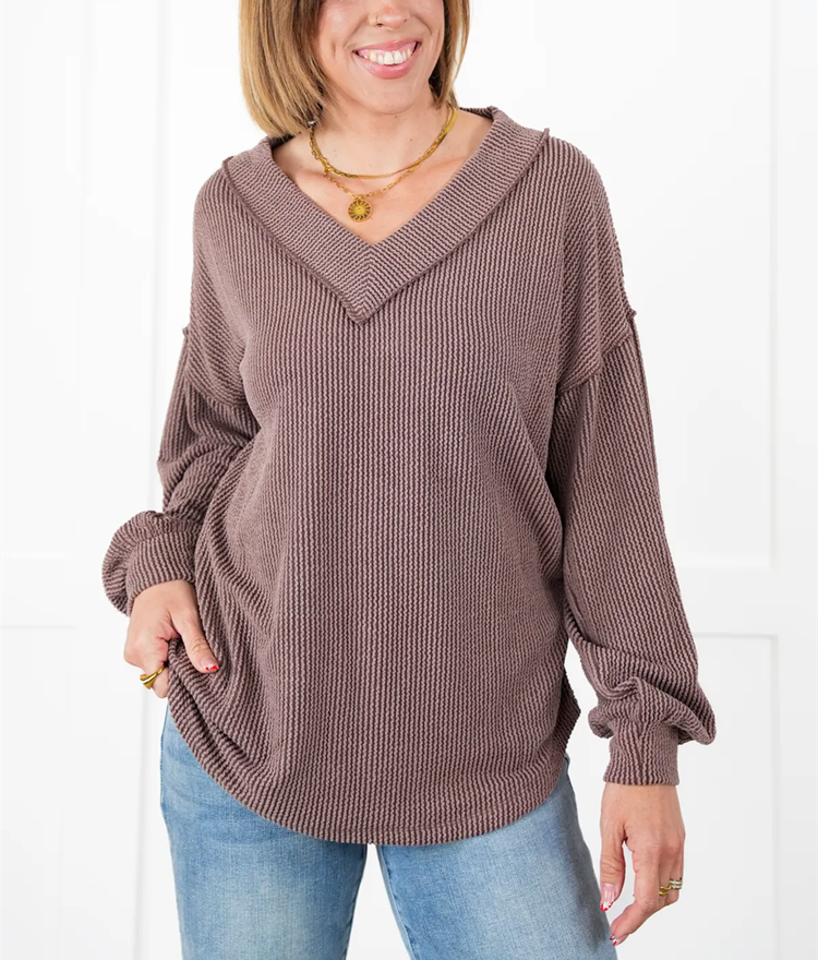 Women's Ribbed Long Sleeve V-Neck Pullover Top