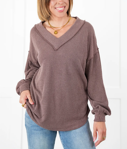 ⭐Women's Ribbed Long Sleeve V-Neck Pullover Top