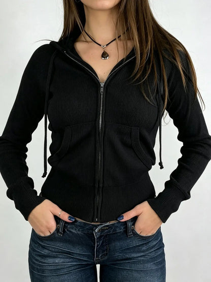 Women's Plain Pocket Drawstring Zip Up Hoodie