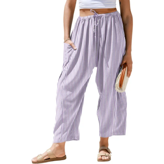 Drawstring Striped Wide Leg Pants With Side Pockets