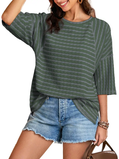 Multi-Tone Striped Relaxed Oversized Crew Neck T-Shirt