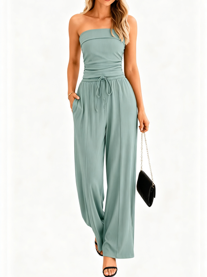 Women Anti-Slip Tube Top Wide Leg Pants 2 Piece Casual Matching Lounge Set