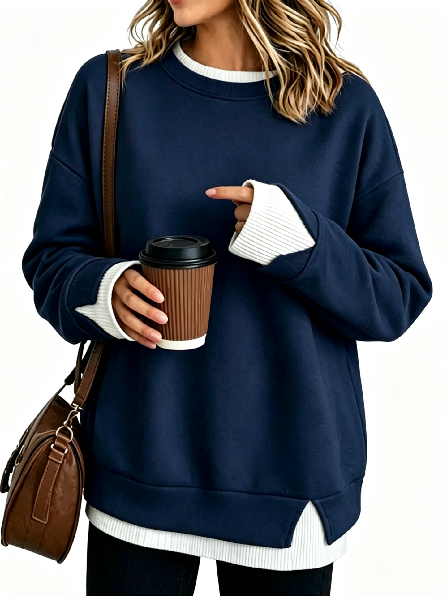 Fake Two Piece Ribbed Patchwork Oversized Crew Neck Long Sleeve Sweatshirt