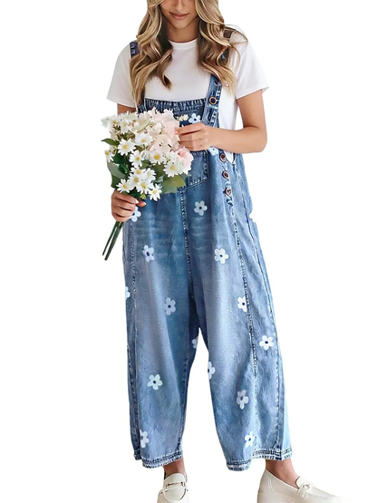 Vintage Floral Jacquard Bib Overalls With Adjustable Straps Wide Leg Denim Jumpsuit