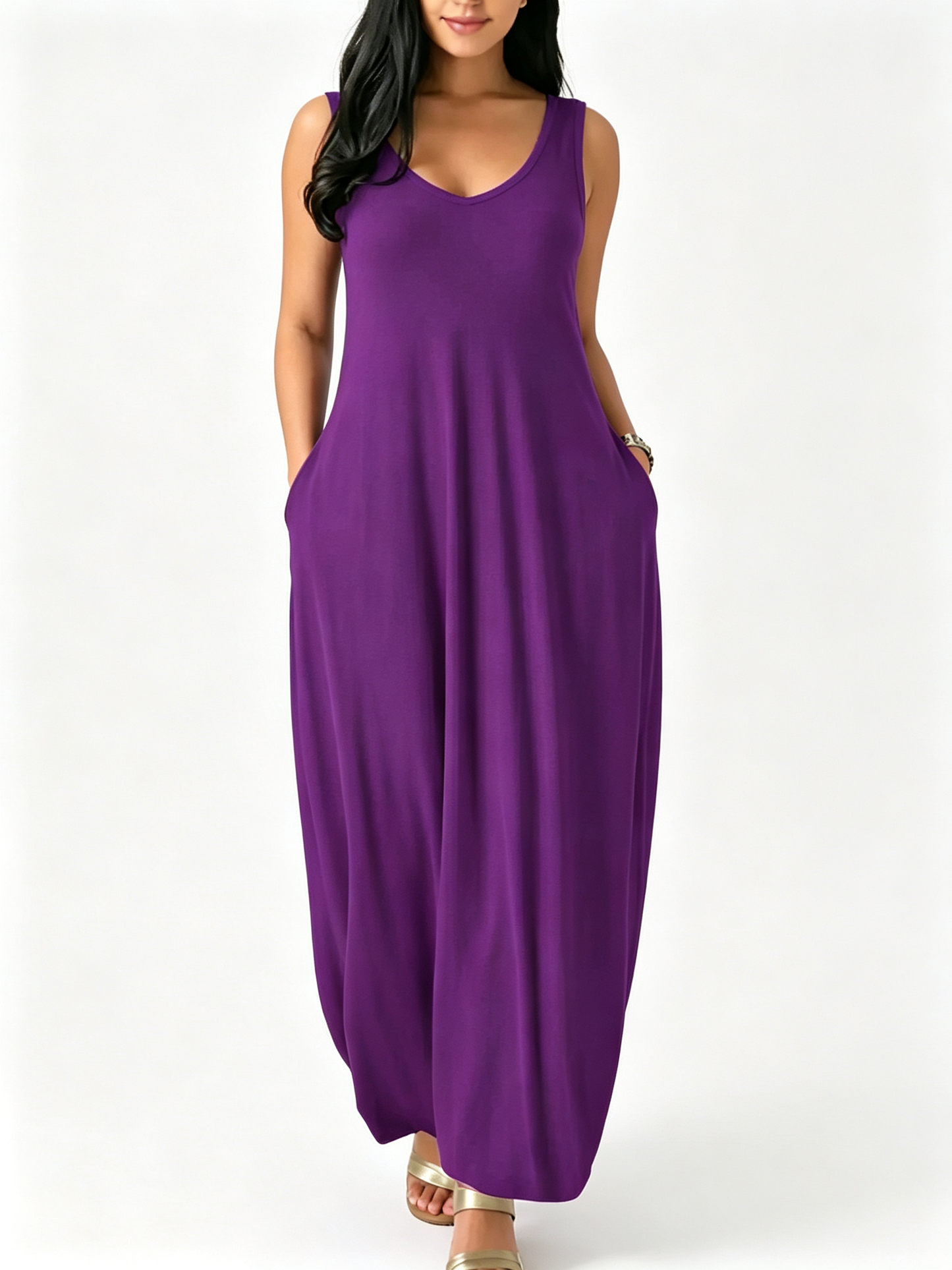 Women Sleeveless Backless Pocket Maxi Loose Casual Daily Long Dress