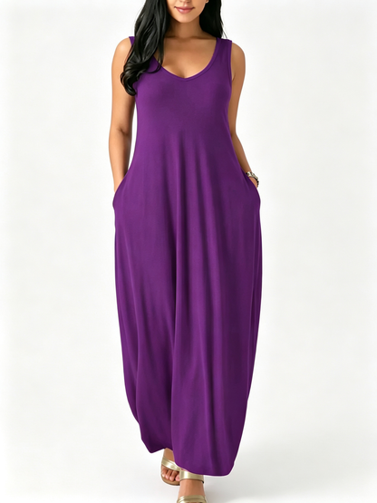 Women Sleeveless Backless Pocket Maxi Loose Casual Daily Long Dress
