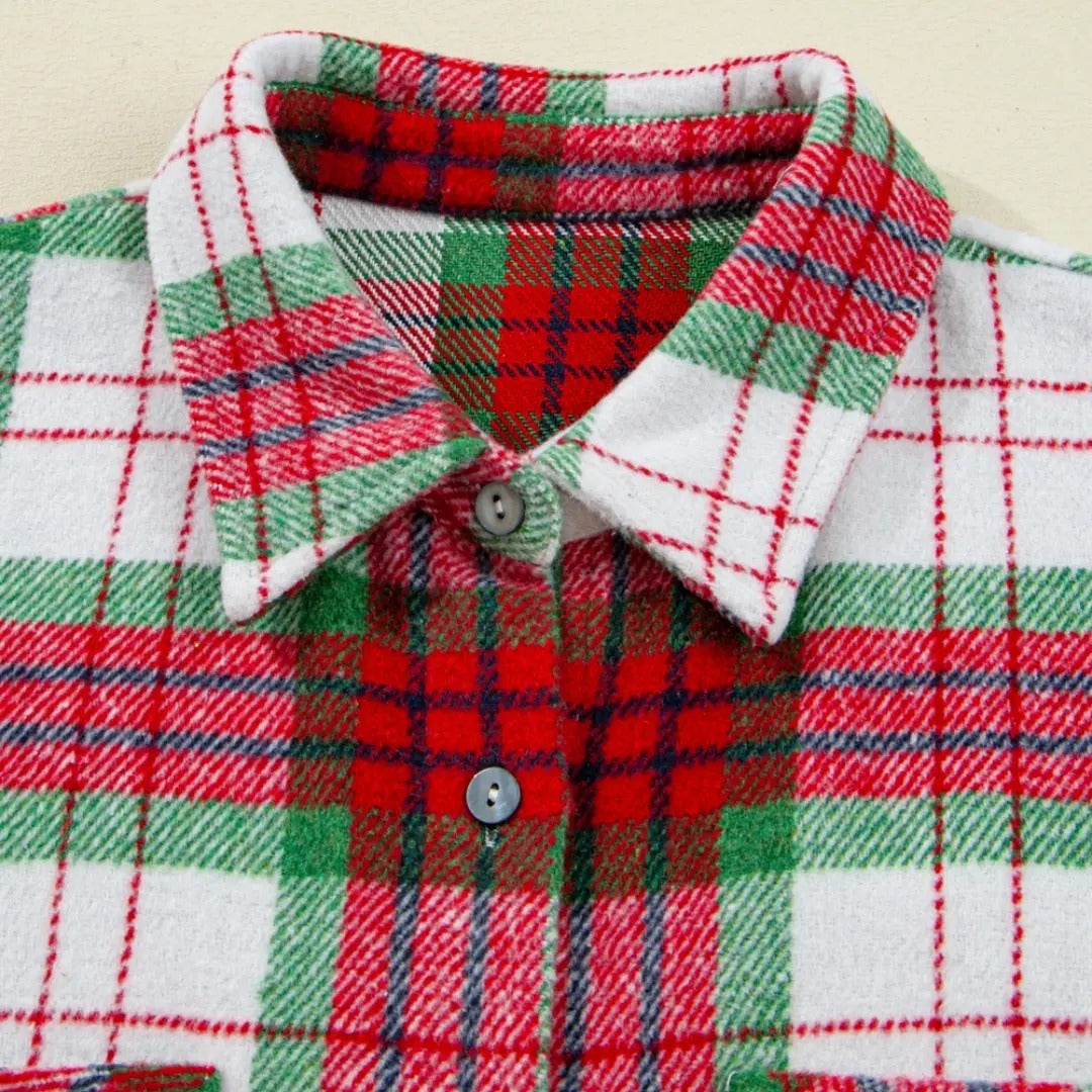 Women's Long Sleeve Christmas Plaid Flannel Shacket with Pockets