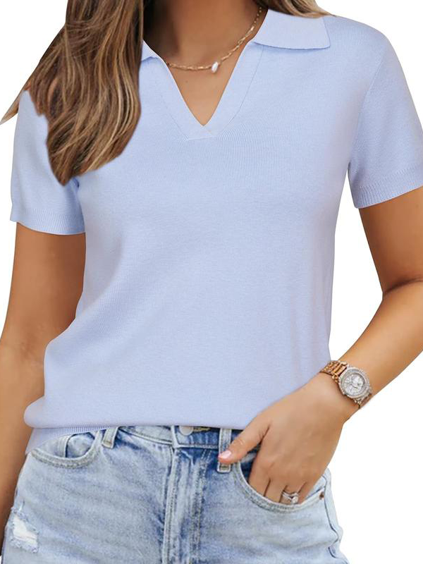 Slim Polo Collar Short Sleeve Knit Top