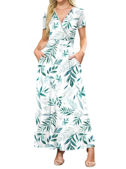 Women's V-neck ankle-length printed long flowing dress with pockets