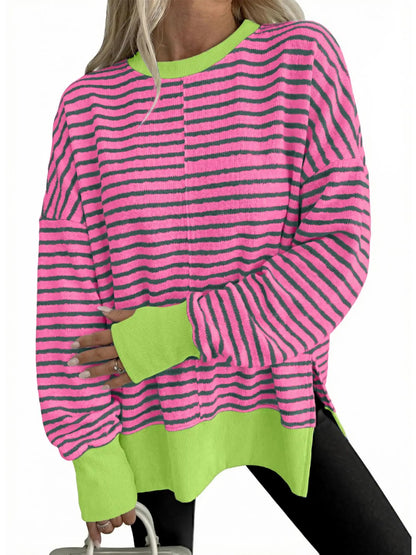 Women Crew Neck Striped Side Slit Loose Long Sleeve Pullover Sweatshirt
