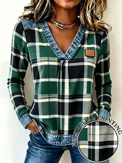 New Spring Fall Women's Fake Denim Patchwork Print V Neck Top