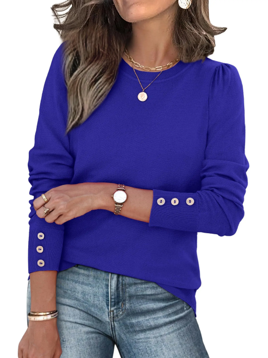 Chic Versatile Long‑Sleeve Pullover ✨ Elegant Button Cuff Detail For Dressy‑Casual Looks