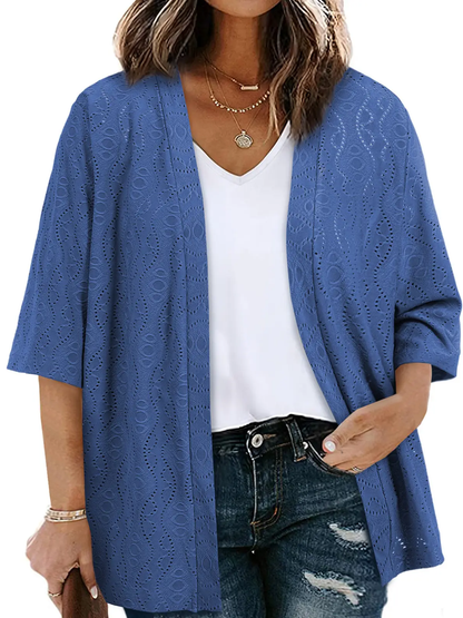 Women Jacquard Hollow Half Sleeve Open Front Cardigan Daily Layering Outer Tops
