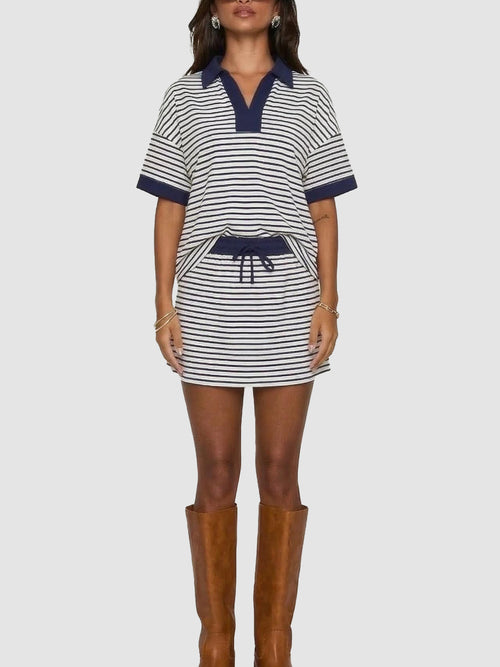 Women's Striped V-Neck Polo Top & Built-in Short Skort 2 Piece Lounge Set